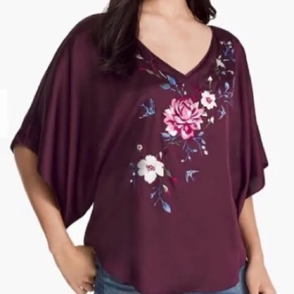 White House Black Market Plum Floral V-Neck Dolman Top
